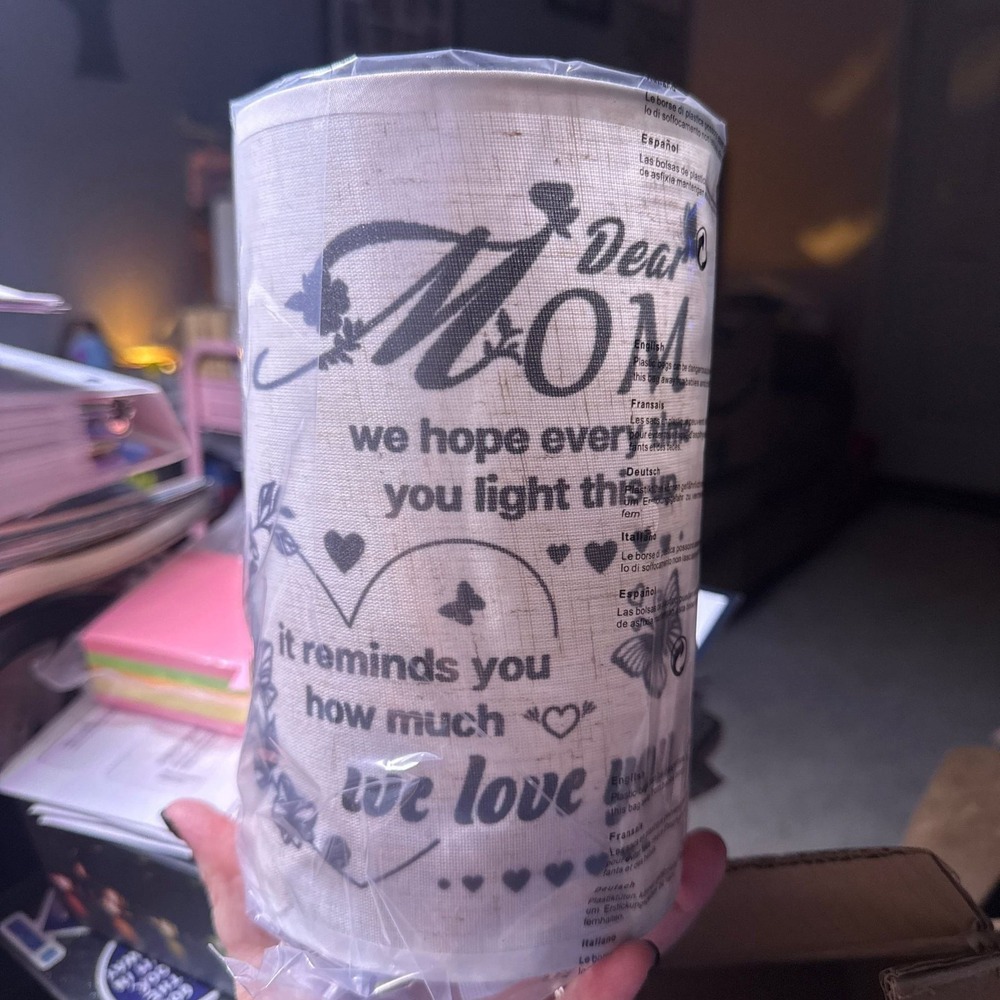 Dear Mom Linen Texture Battery Operated LED Table Lamp with Sentimental Quote‎